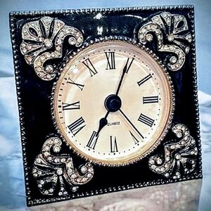 Vintage 3" Black Eamel CZ Accent Table Clock Bedside Decor Style of 'Brighton'